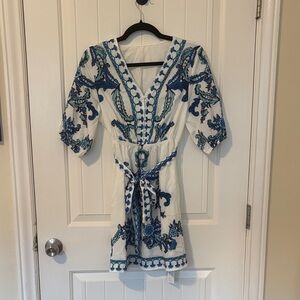 Cupshe White Dress with Blue Embroidery